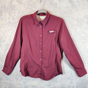 Columbia PFG Women Long Sleeve Shirt M Omni-Shade UV Protection Burgundy ripstop